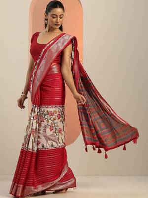 red printed crepe saree with unstitched blouse piece 3