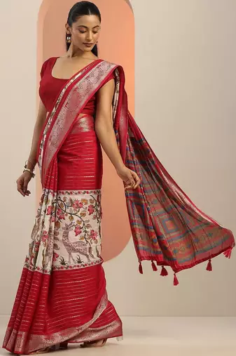 red printed crepe saree with unstitched blouse piece