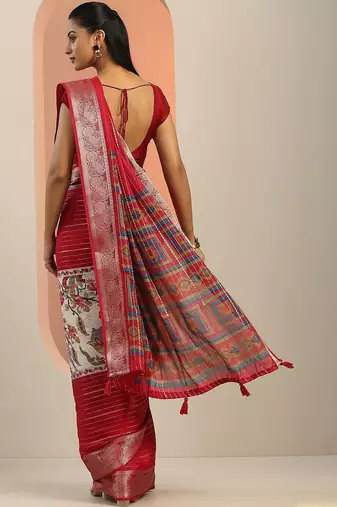 red printed crepe saree with unstitched blouse piece