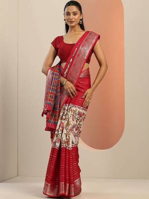 red printed crepe saree with unstitched blouse piece 5