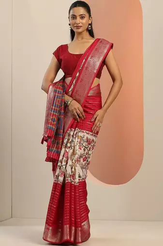 red printed crepe saree with unstitched blouse piece