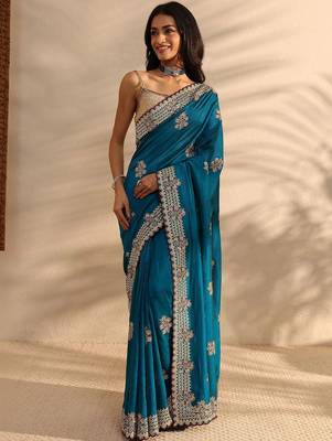 teal floral embellished saree with unstitched blouse piece 1
