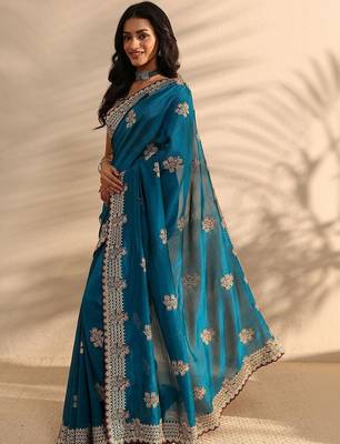 teal floral embellished saree with unstitched blouse piece 2