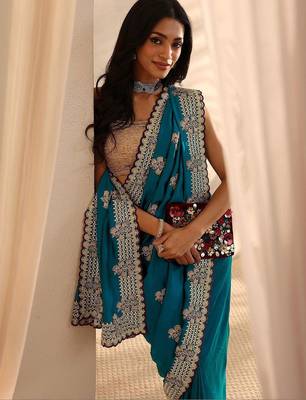 teal floral embellished saree with unstitched blouse piece 4