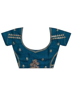 teal floral embellished saree with unstitched blouse piece 5