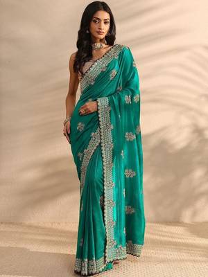 teal embellished saree with unstitched blouse piece 1