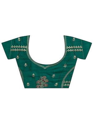 teal embellished saree with unstitched blouse piece 5