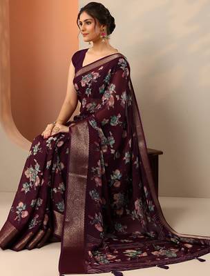maroon printed georgette saree with unstitched blouse piece 1