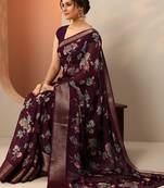 maroon printed georgette saree with unstitched blouse piece