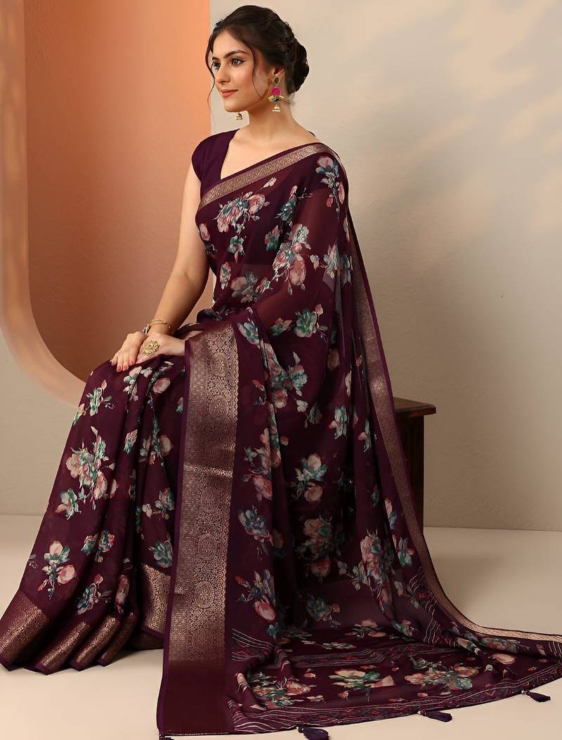 maroon printed georgette saree with unstitched blouse piece