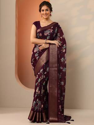 maroon printed georgette saree with unstitched blouse piece 2