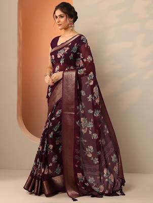 maroon printed georgette saree with unstitched blouse piece 3