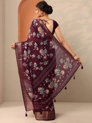 maroon printed georgette saree with unstitched blouse piece 4