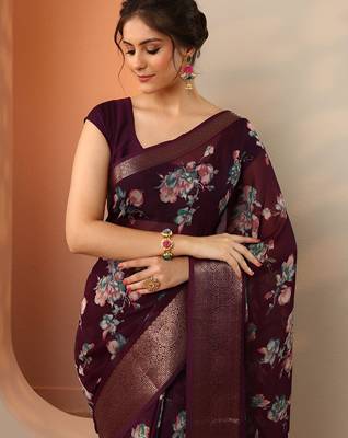 maroon printed georgette saree with unstitched blouse piece 5