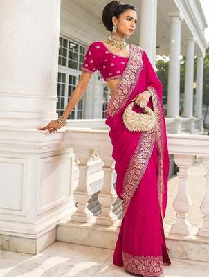 magenta embellished saree with unstitched blouse piece 3