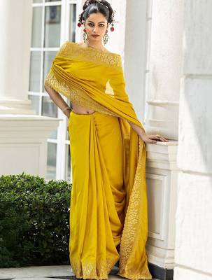 yellow embellished zari silk blend heavy work saree 1