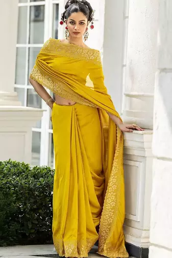 yellow embellished zari silk blend heavy work saree