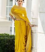 yellow embellished zari silk blend heavy work saree