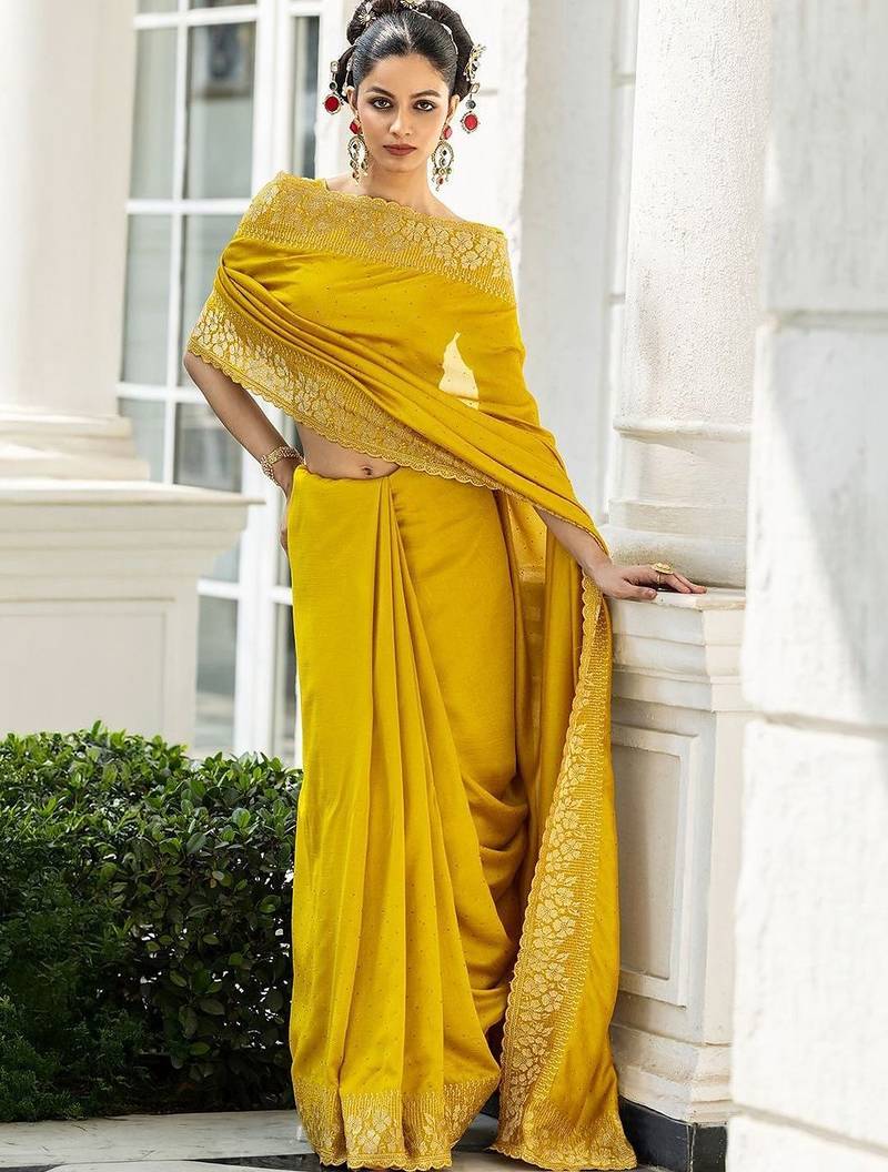 yellow embellished zari silk blend heavy work saree