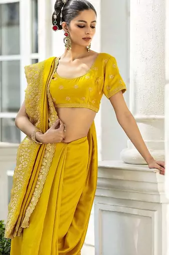 yellow embellished zari silk blend heavy work saree