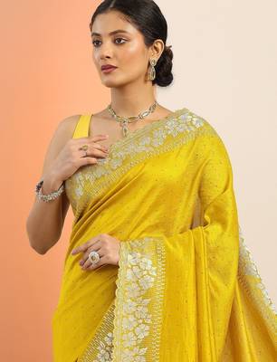 yellow embellished zari silk blend heavy work saree 4