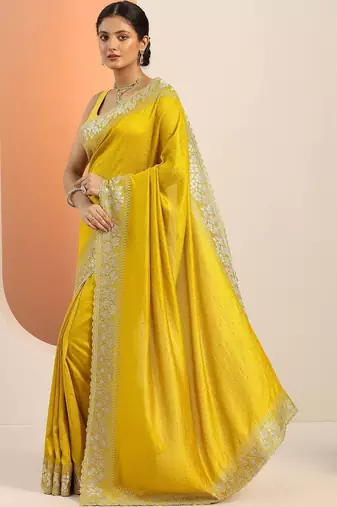 yellow embellished zari silk blend heavy work saree