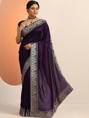 purple embellished saree with unstitched blouse piece 1