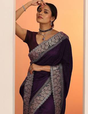 purple embellished saree with unstitched blouse piece 2