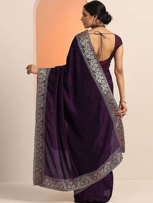 purple embellished saree with unstitched blouse piece 4