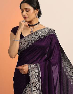 purple embellished saree with unstitched blouse piece 5