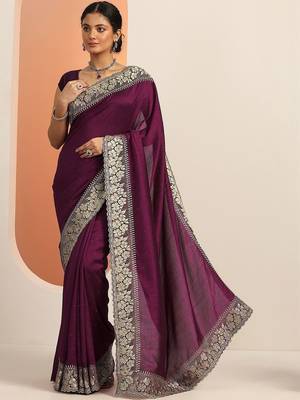 purple embellished saree with unstitched blouse piece 1
