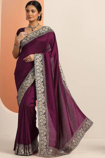 purple embellished saree with unstitched blouse piece