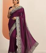 purple embellished saree with unstitched blouse piece