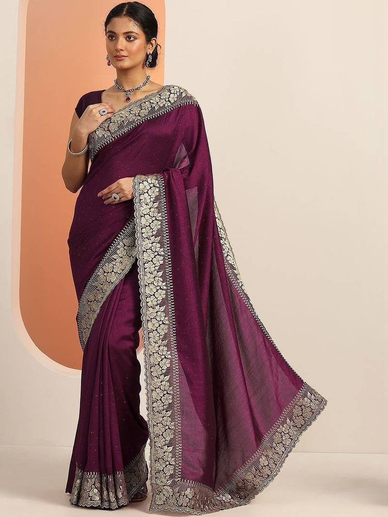 purple embellished saree with unstitched blouse piece