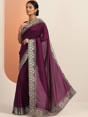 purple embellished saree with unstitched blouse piece 2