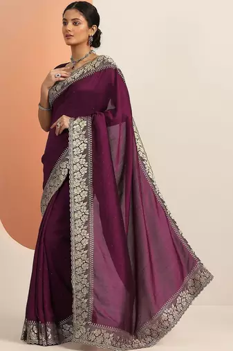 purple embellished saree with unstitched blouse piece