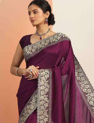 purple embellished saree with unstitched blouse piece 3