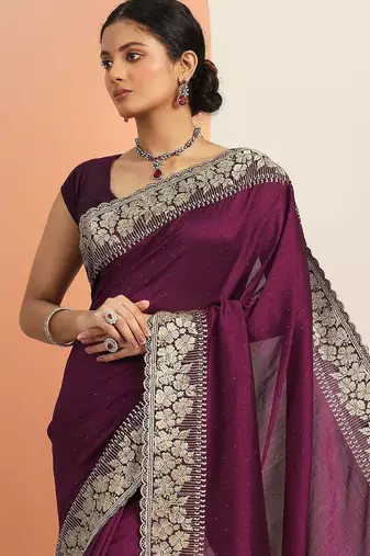 purple embellished saree with unstitched blouse piece