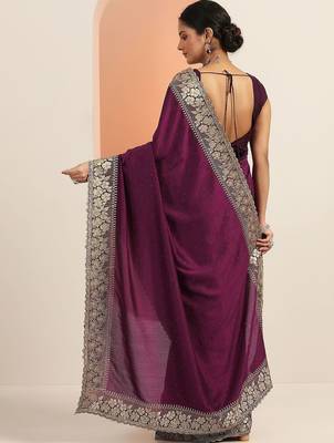purple embellished saree with unstitched blouse piece 5