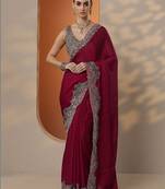 maroon solid chiffon saree with unstitched blouse piece