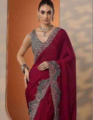 maroon solid chiffon saree with unstitched blouse piece 3