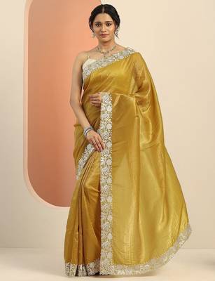mustard embroidered saree with unstitched blouse piece 1