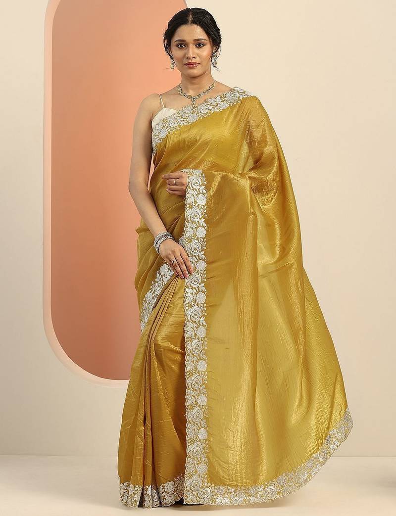 mustard embroidered saree with unstitched blouse piece