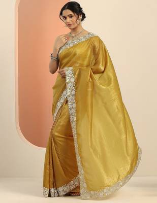 mustard embroidered saree with unstitched blouse piece 2