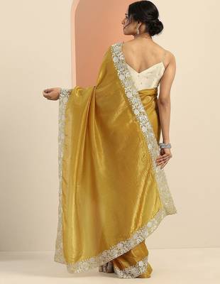 mustard embroidered saree with unstitched blouse piece 3