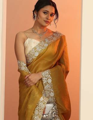 mustard embroidered saree with unstitched blouse piece 4