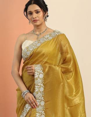 mustard embroidered saree with unstitched blouse piece 5