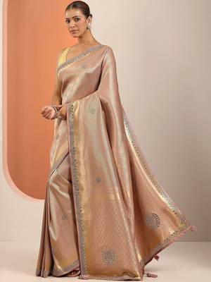 peach saree with unstitched blouse piece 3