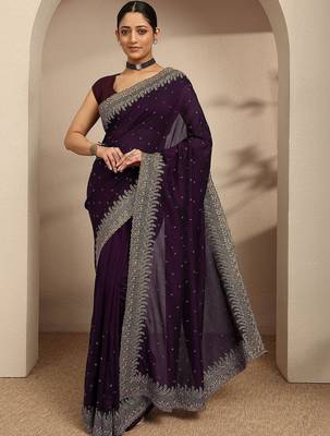 purple beads embellished saree with zari embellished border and a blouse piece 1