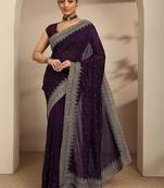 purple beads embellished saree with zari embellished border and a blouse piece